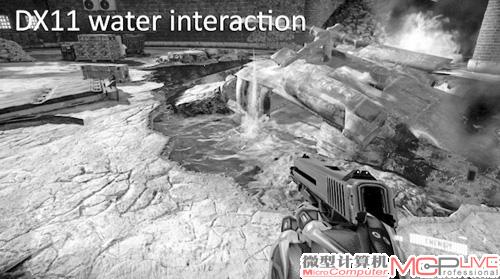 射击水面时，CryEngine3利用位移贴图，通过额外的曲面细分模拟出准确的水花溅出效果和造成周围水面的波纹效果。