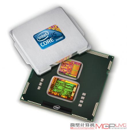图12 Westmere将CPU芯片与GPU芯片封装在一起，构成一枚混合处理器。