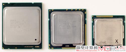 Core i7 3960X、Core i7 980X和Core i7 2600K处理器封装尺寸对比。从图中我们已经可以看出Core i7 3960X的面积明显大于Core i7 980X、Core i7 2600K，其封装面积52.5×45＝2362.5mm2，成为史上大个头的消费级处理器。相比之下LGA 1155封装的Core i7 2600K才1406.25mm2，SNB-E比之大了68％之多。事实上，作为新旗舰的Core i7 3960X集成了惊人的22.7亿晶体管，相比Core i7 980X的