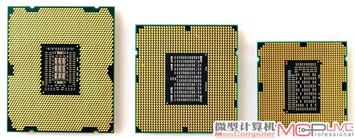 Core i7 3960X、Core i7 980X和Core i7 2600K封装接口对比，分别是LGA 2011、LGA 1366和LGA 1155。相比LGA 1366和LGA 1155来说LGA 2011处理器的针脚密度再次加大，而中心的贴片元件区域则进一步缩小。