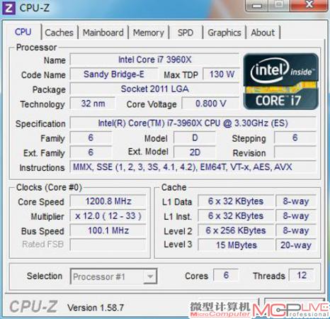两代6核心12线程处理器CPU-Z截图对比。CPU-Z 1.58.7版本已经能很好地识别出Core i7 3960X的信息，包括名称、核心数量、指令集、缓存和工艺等主要参数。从上图我们也能看出，相比Core i7 980X，Core i7 3960X在总线、缓存和指令集上有明显的改动。总线这个识别栏目里，CPU-Z清晰的标识出了Core i7 980X运行在3204.4MHz的QPI总线，这是处理器内核间的主要通信线路。而采用了双向环形总线的Core i7 3960X内核间不再需要通过QPI总线通信。因此