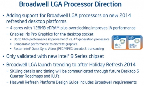 整合性能更为强大的IrisPro显示核心，配备128MBeDRAM，未来的台式机Broadwell处理器将相当令人期待。