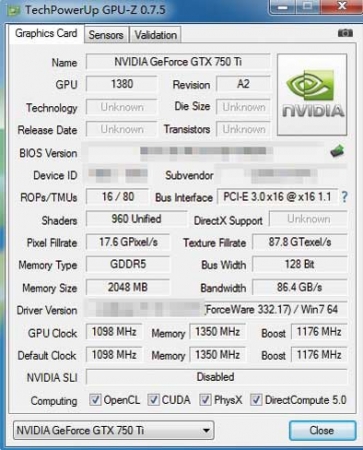 网上报料的Maxwell架构的GeForce GTX 750Ti的GPU-Z图片，从中能看出不少有用的信息。