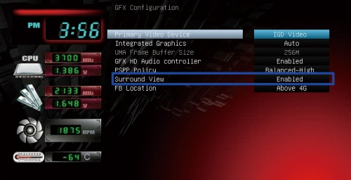 图1，将主要显示设备设置为“IGD Video”，并开启开启“Sur round View”后，电脑将使用整合显示核心作为主要显示输出设备。