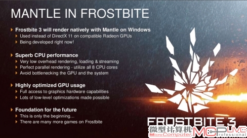 目前有很多游戏厂商开始支持Mantle，寒霜3引擎是第一个提出对Mantle支持的知名游戏引擎，基于寒霜3引擎的游戏数量和质量一向名列前茅，支持力度不可小觑。