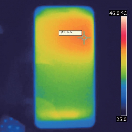 ZenFone 5正面热量图，高温度39.5摄氏度（高负荷运行15分钟后测得，室温26摄氏度，下同）。