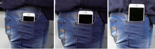 iPhone 5s/6/6 Plus放入女生牛仔裤口袋时的状态。